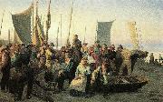Michael Ancher, en laegpraedikant holder gudstjeneste pa skagen sonderstrand